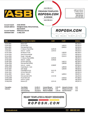 New Zealand ASB proof of addres bank statement template in Word and PDF format
