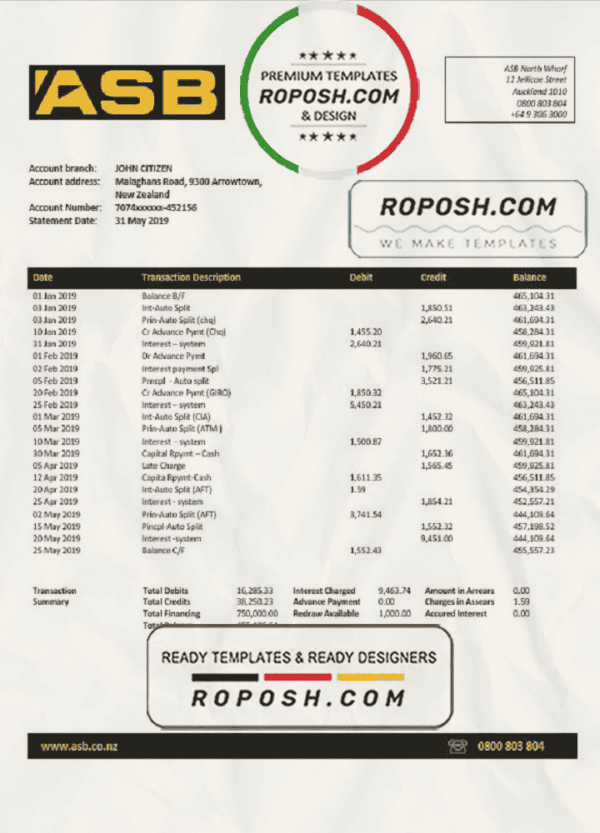 New Zealand ASB proof of addres bank statement template in Word and PDF format