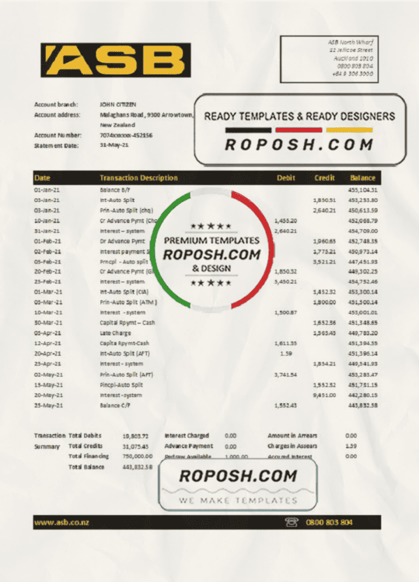 New Zealand ASB Bank statement easy to fill template in Excel and PDF format