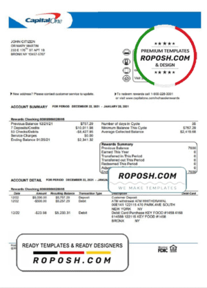 USA Capital One bank statement template in Word and PDF format, version 4