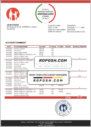 Kazakhstan Kaspi Bank statement template in Word and PDF format