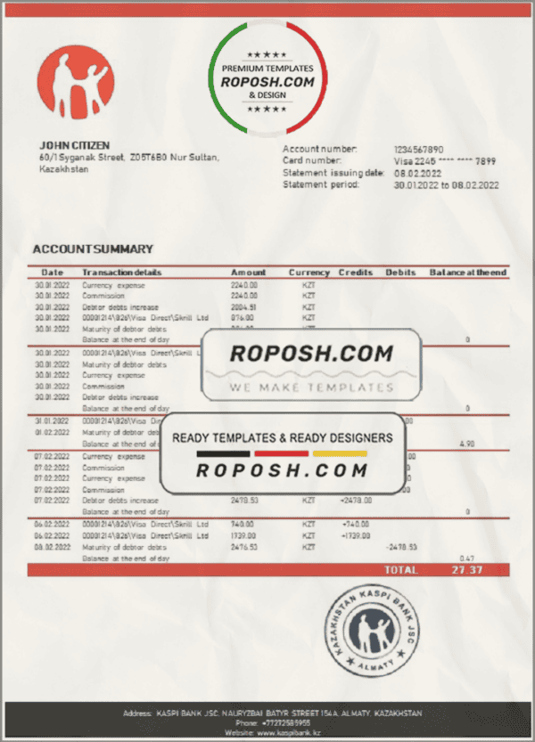 Kazakhstan Kaspi Bank statement template in Word and PDF format
