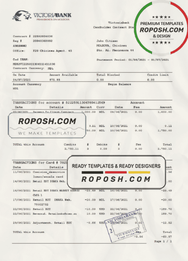 Moldova Victoriabank bank statement easy to fill template in Excel and PDF format