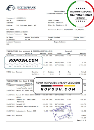 Moldova Victoriabank bank statement easy to fill template in Excel and PDF format