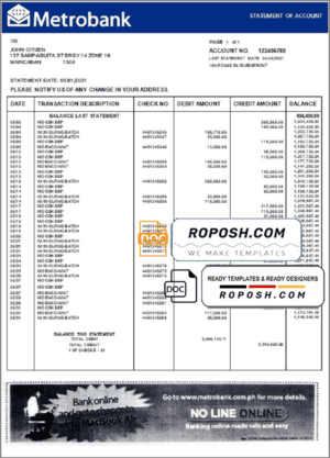 United Kingdom Metrobank bank statement in Word and PDF format