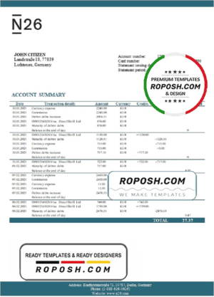 Germany N26 bank statement template in Excel and PDF format