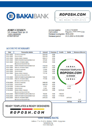 Kyrgyzstan OJSC Bakai Bank proof of address bank statement template in Word and PDF format