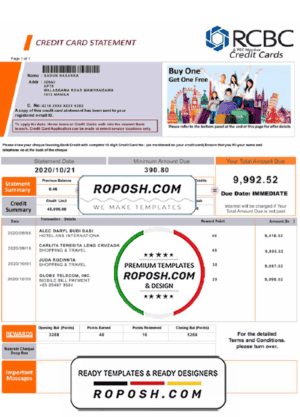 Philippines Rizal Commercial Banking Corporation (RCBC) credit card statement template in PSD format