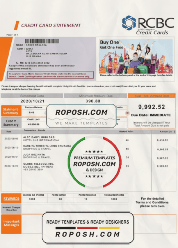 Philippines Rizal Commercial Banking Corporation (RCBC) credit card statement template in PSD format