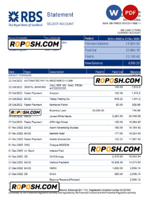 United Kingdom Royal Bank of Scotland (RBS) bank statement, Word and PDF template