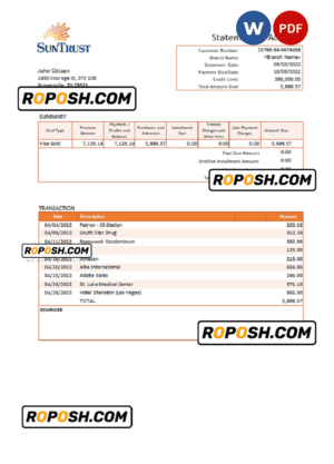 USA SunTrust bank statement Word and PDF template, version 2
