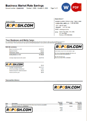 USA Wells Fargo bank statement Word and PDF template, version 2