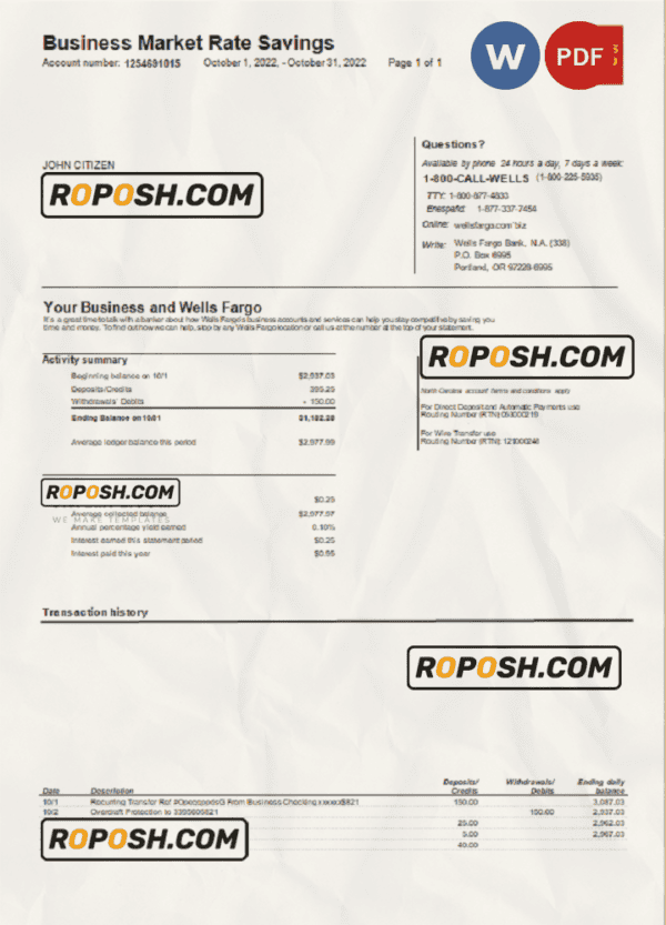 USA Wells Fargo bank statement Word and PDF template, version 2