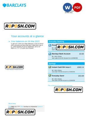 United Kingdom Barclays bank statement, Word and PDF template, 4 pages, version 2