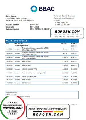Lebanon BBAC Bank statement easy to fill template in .xls and .pdf file format