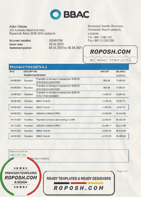Lebanon BBAC Bank statement easy to fill template in .xls and .pdf file format