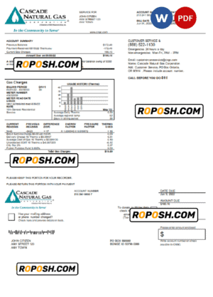 USA Cascade Natural Gas utility bill, Word and PDF template