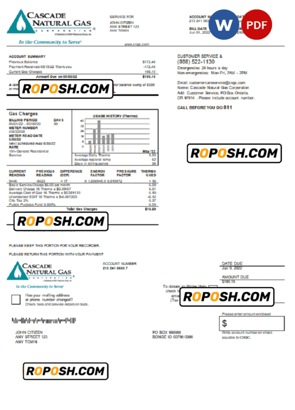 USA Cascade Natural Gas utility bill, Word and PDF template