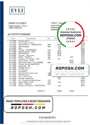 Finland Evli Bank PLC Bank statement template in Word and PDF format