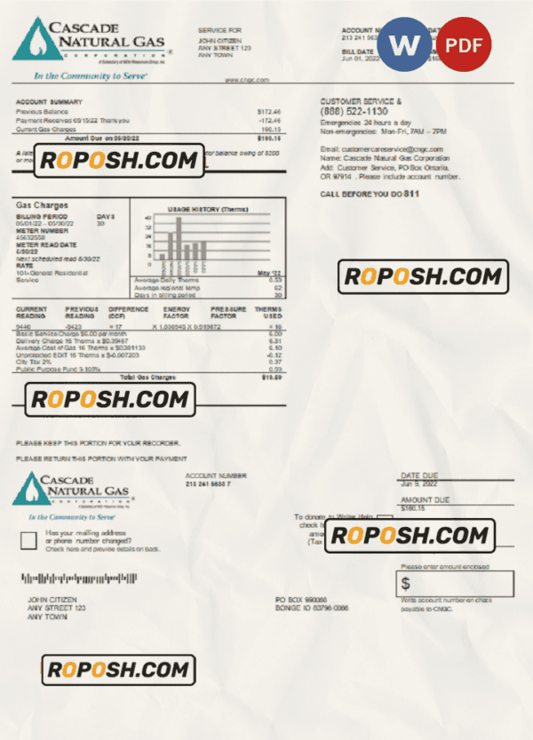USA Cascade Natural Gas utility bill, Word and PDF template