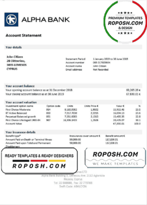 Cyprus Alpha Bank statement template in Word and PDF format