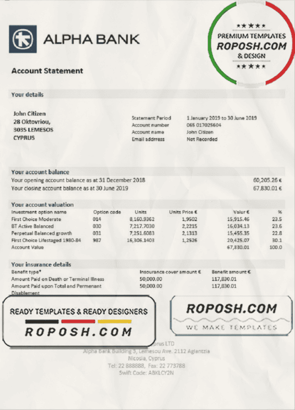 Cyprus Alpha Bank statement template in Word and PDF format