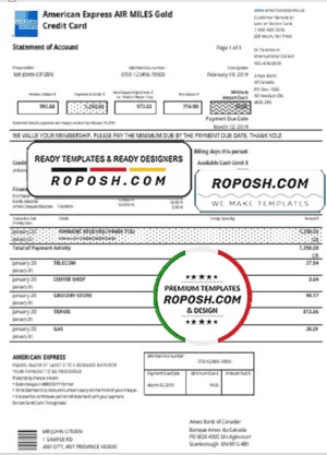 Canada American Express Air Miles Credit Card account statement easy to fill template in Word and PDF format