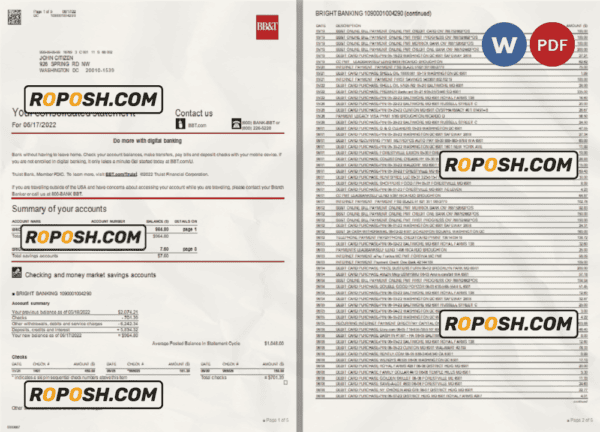 USA Washington BB&T bank statement Word and PDF template, 5 pages