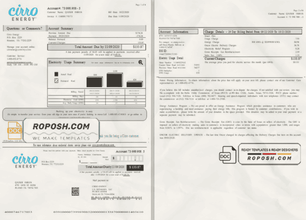 USA Texas Cirro Energy utility bill template in Word and PDF format (3 pages)