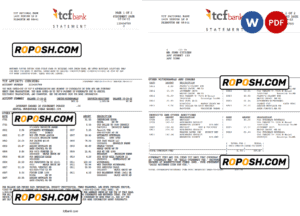 USA TCF bank statement, Word and PDF template, 3 pages