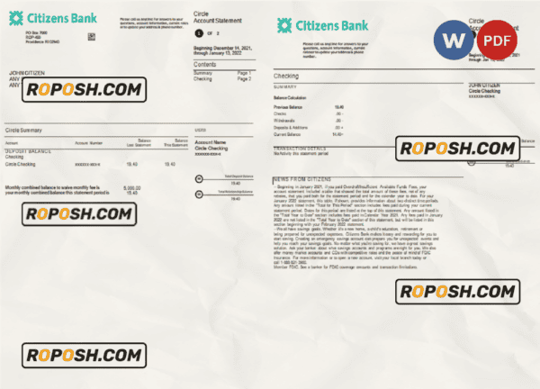 USA Citizens bank statement, Word and PDF template, 4 pages