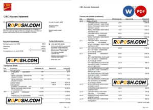 USA CIBC bank statement, Word and PDF template, 4 pages