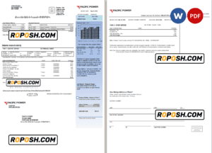 USA Pacific Power utility bill, Word and PDF template, 2 pages