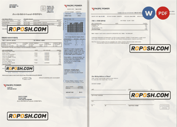 USA Pacific Power utility bill, Word and PDF template, 2 pages