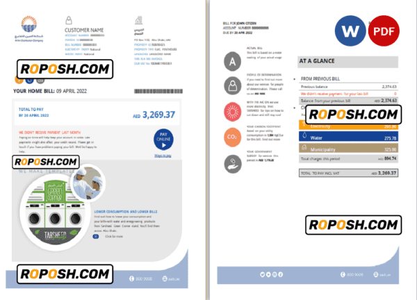 UAE Abu Dhabi Distribution Co. utility bill template in Word and PDF format