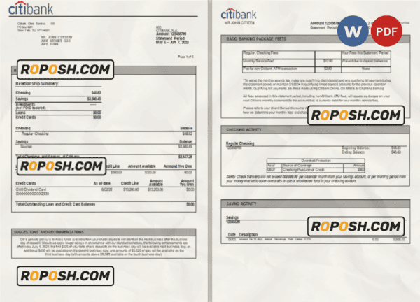 USA Citibank bank statement, Word and PDF template, 6 pages