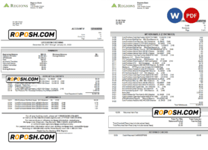 USA Regions Bank statement, Word and PDF template, 4 pages