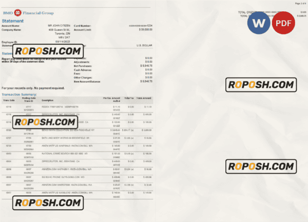 USA BMO bank statement, Word and PDF template, 4 pages