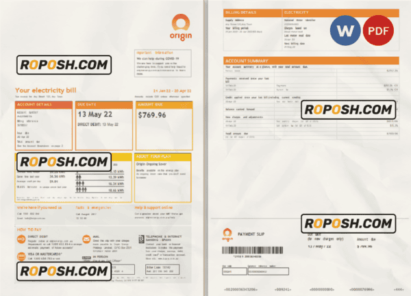 Australia Origin utility bill, Word and PDF template, 4 pages