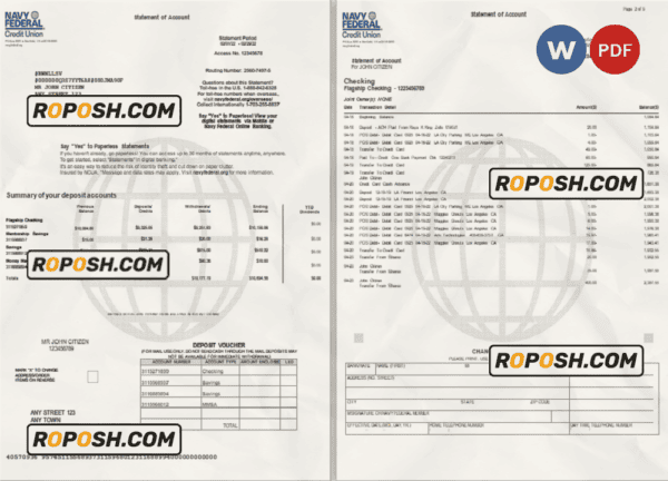 USA Navy Federal bank statement, Word and PDF template, 9 pages