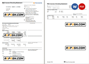 USA PNC bank statement, Word and PDF template, 2 pages