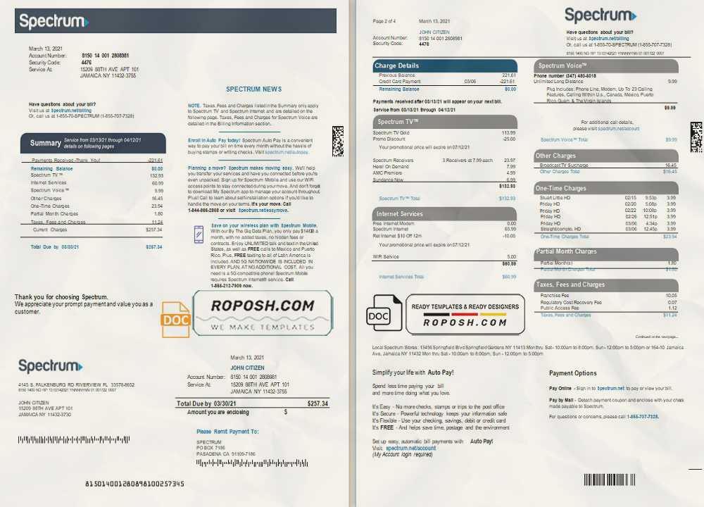 USA Spectrum utility bill template in Word and PDF format (4 pages) scan effect