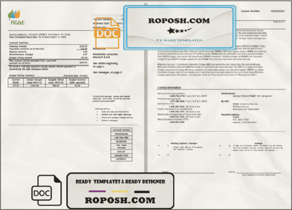 USA RG&E utility bill template in Word and PDF format (5 pages)