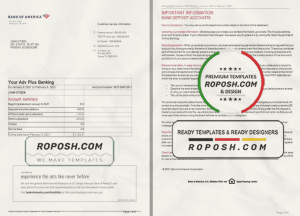 USA Bank of America bank statement template in Word and PDF format, 6 pages, version 2