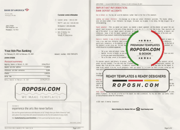 USA Bank of America bank statement template in Word and PDF format (4 pages), version 3