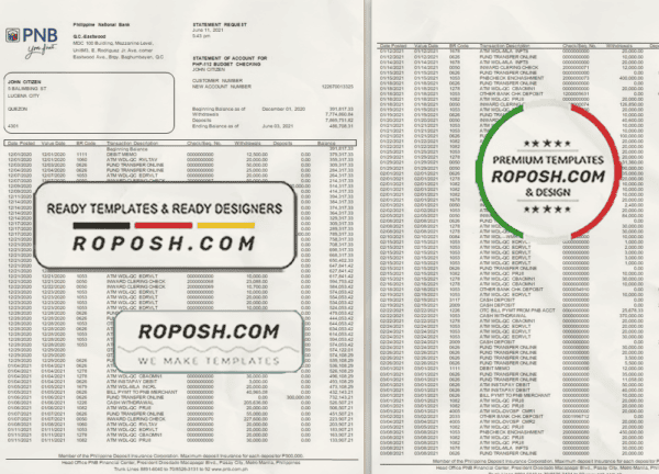 Philippines PNB bank statement template in Word and PDF format (4 pages)