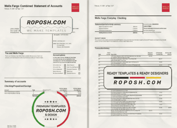USA Wells Fargo bank statement template in Word and PDF format, 7 pages