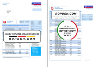 United Kingdom Nationwide bank statement template in .xls and .pdf format (5 pages)