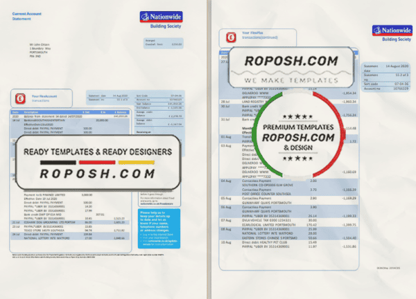 United Kingdom Nationwide bank statement template in .xls and .pdf format (5 pages)