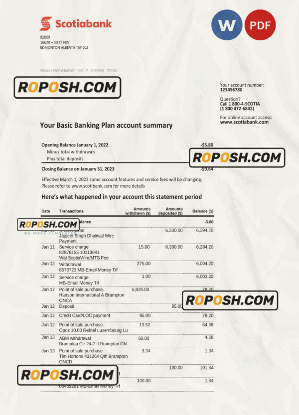 Australia Scotiabank bank statement, Word and PDF template, 2 pages